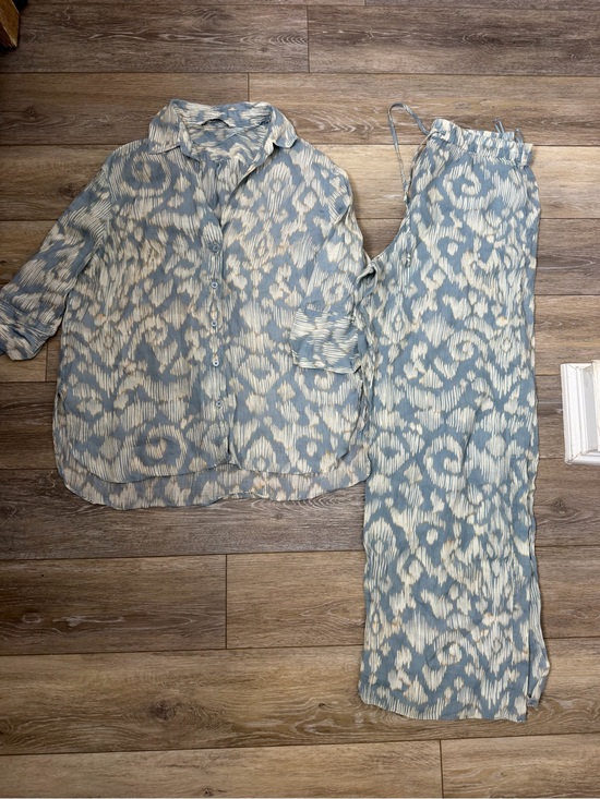 Zara Pants - Zara Blue & Cream Printed Wide-Leg Pants and Shirt Set